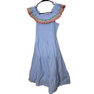 Boden Girls Blue Smocked Off Shoulder Maxi Dress Embroidered 13/14 Years